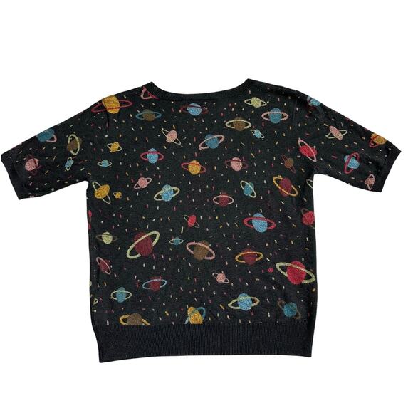 Zara Knit, Sparkly Black, Multicolored Saturn Print, 3/4 Sleeve, Sweater- M - Picture 2 of 8